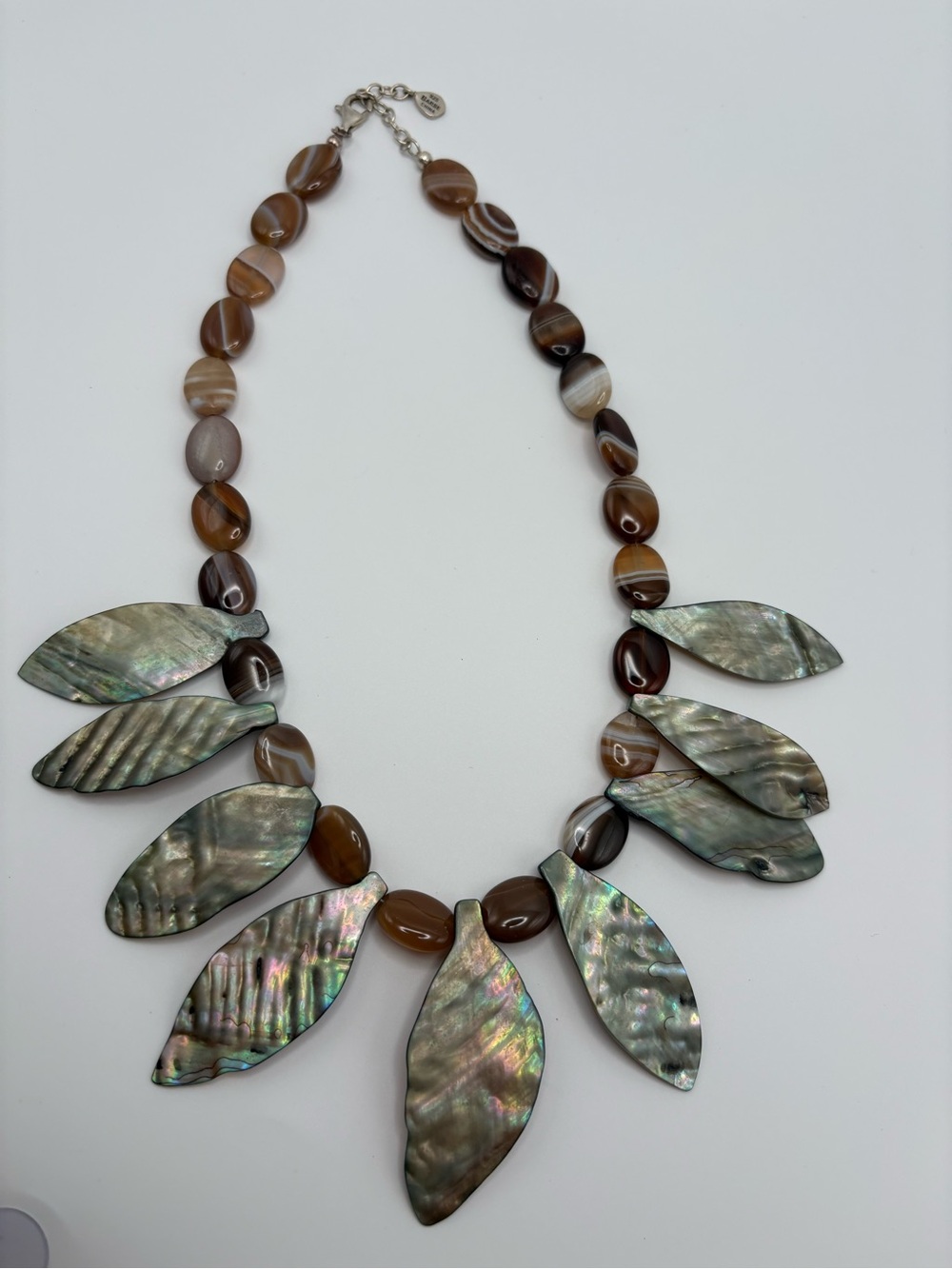 Studio Barse Iridescent Abalone and Brown Agate Leaf Necklace